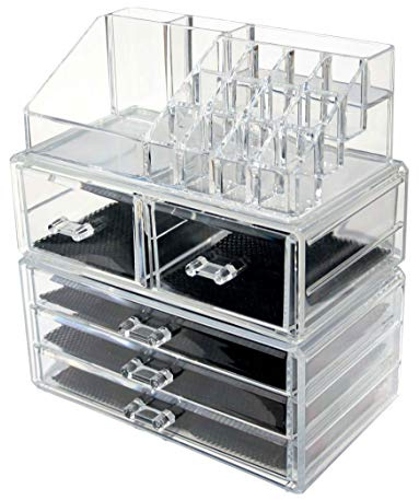 Kamay's 3 In 1 XL Size Makeup Case Acrylic Clear Cosmetic Organiser Display Box Acrylic Makeup Storage 4 layers 5 Drawers With Top Section Lipstick Makeup Brush Tray XL Style 3