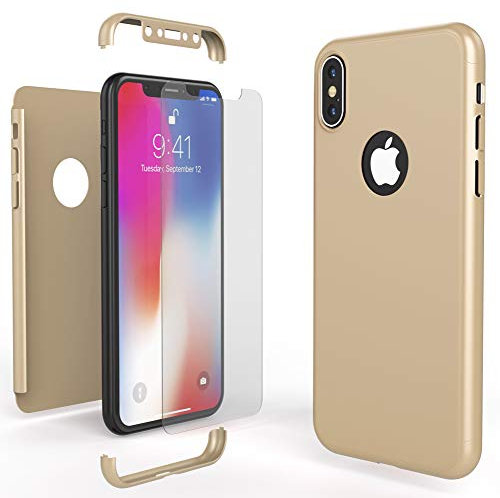 NALIA 360 Grad Handyhülle kompatibel mit Apple iPhone XS Max, Full-Cover & Glas vorne hinten Hülle Doppel-Schutz, Dünn Ganzkörper Hard-Case Handy-Tasche, Bumper & Displayschutz, Farbe:Gold