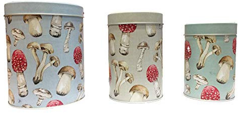 IHR Set of 3 Round Nesting Kitchen Storage Tin/Caddy/Canister/Containers for Tea, Coffee, Sugar - Woodland Mushrooms Design - Duck Egg Blue, Powder Blue, Sage Green - Largest - 14 cm