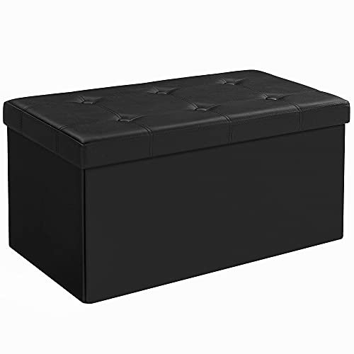 SONGMICS 76 cm Ottoman Storage Box, Foldable Storage Bench, Chest with Lid, Footstool, Padded Seat, Synthetic Leather, Load Capacity 300 kg, Ink Black LSF040B05