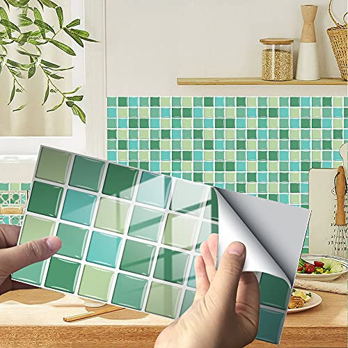 Hiseng 24/48 Pièces Rectangle Adhésive Décorative à Carreaux pour Salle de Bains et Cuisine Stickers Carrelage, Motif Marbre Mosaïque Imperméables Adhésive Décoration (Vert Mosaïque,24Pièces)