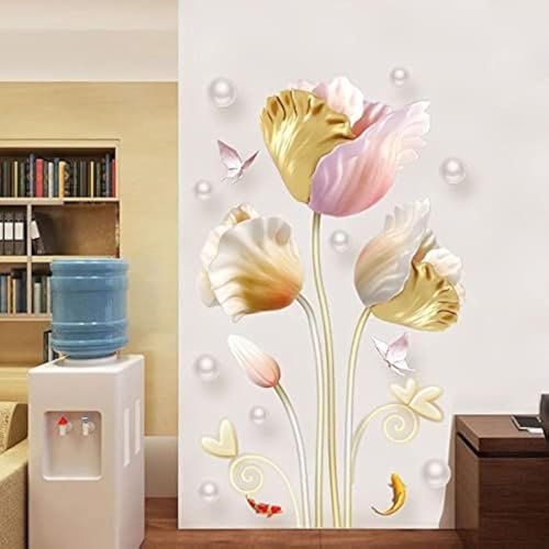 COVPAW® Wandtattoo Wandaufkleber XXL Tulip Gold Blumen Wandsticker Wandbild Bilder Wohnzimmer Schlafzimmer Deco