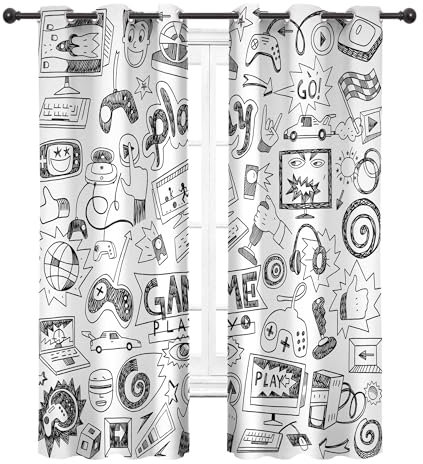 Cinbloo Kids Video Games Blackout Curtains 29W x 63L Inch Black White Gaming Curtains Teen Boys Bedroom Decor Gamer Theme 90's Cool Art Printed Living Room Playroom Window Drapes 2 Panels