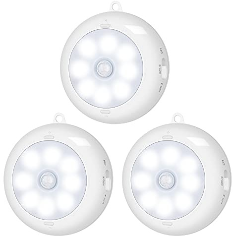 BLS Motion Sensor Light Indoor, LED Night Light Closet Lights, Under Cabinet Battery Powered Ceiling Lights, AA Battery Operated Stick on Wireless Puck Lights for Wall, Step, Stair, Dimmable (3 Pack)