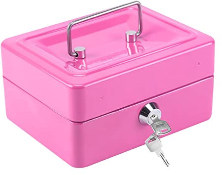 Shoze Cash Box 6 Metal Money Box with 2 keys Lockable Portable Petty Cash Deposit Tin with Removable Change Tray for Kids Shop Office Home (Pink)