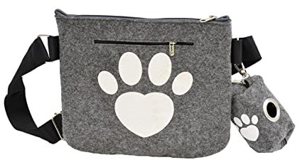 Geschenkestadl Set Hunde Futterbeutel Kotbeutelspender Leckerli Beutel Gassi Tasche Filz Grau Pfote, 22,5 cm x 19 cm
