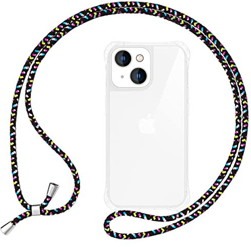NALIA Handykette für iPhone 14 Plus - Transparentes Hybrid-Case & Band - HANGIT PRO (Anti-Gelb Rückseite & Verstellbar) - Marke aus Berlin, Farbe:Schwarz Bunt