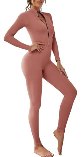 OEAK Damen Sport Jumpsuit Lang Eng Yoga Overall Langarm V-Ausschnitt Playsuits mit Reißverschluss Jogging Strampler Hosenanzug Trainingsanzug,Rosa,S