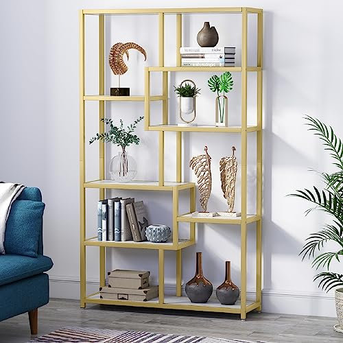 Tribesigns Bücherregal, Büroregal mit 8 offene Ablagen, Regal mit Metallrahmen, Moderne Gold Standregal für Wohnzimmer, Arbeitszimmer, Büro,100 x 30 x 180 cm (weiß+Gold)