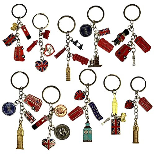 Souvenirs Lot de 10 porte-clés en métal avec breloques de Londres - Union Jack - Icônes célèbres de l'Angleterre, mélange, Mix