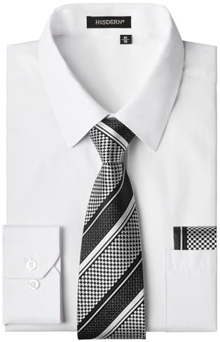 HISDERN Men's White Shirts Long Sleeve Smart Formal Plain Dress Shirt and Tie Set Business Casual Wedding Regular Fit S