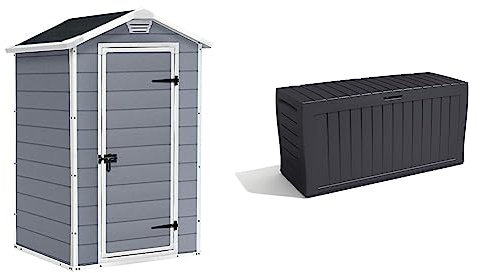 Keter Manor Outdoor Garden Storage Shed, Grey, 4 x 3 ft & Marvel+ 270L Outdoor Garden Storage Box Garden Furniture - Graphite Grey
