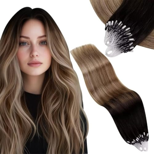 Vivien Schwarz Microring Extensions Echthaar Ombre 40 cm Micro Loop Extensions Menschliches Haar Schwarz Balayage Braun und Blond Glatt 50g 50s