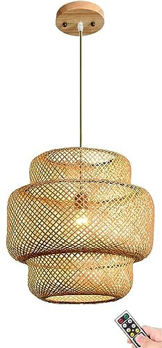 Battery Operated Bamboo Pendant Light Fixture with Remote,Non Hardwired Hanging Ceiling Light,Hand Woven Rattan Pendant Lighting Wireless Timer Large Chandelier for Kitchen Island Dining Room (Color