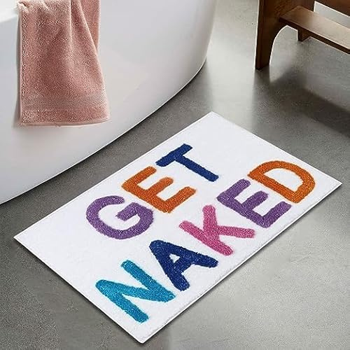 DEENZ GET NAKED Multi Color Bath Mat Backing Water Absorbent Bathroom Rug With Pop Up Get Naked Letters Super Soft & Non Slip (Multi)