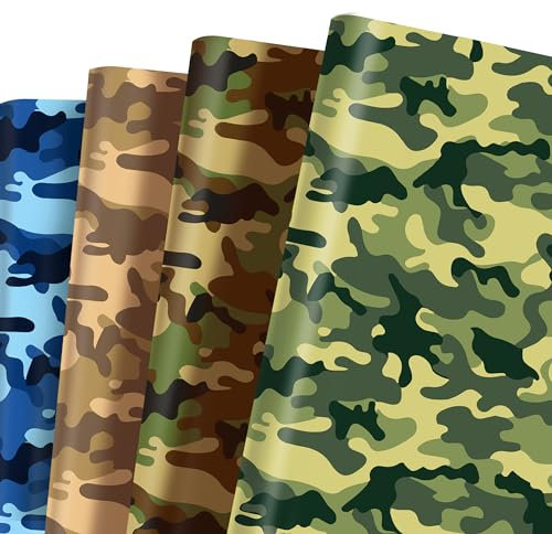Camo-Geschenkpapier für Männer, Jungen, Kinder, 71,1 x 50,8 cm, Grün, Blau, Camouflage-Geschenkpapier für Geburtstag, Camping, Motto-Party, Ruhestand, Jagd, Party, Basteln, 12 Bögen