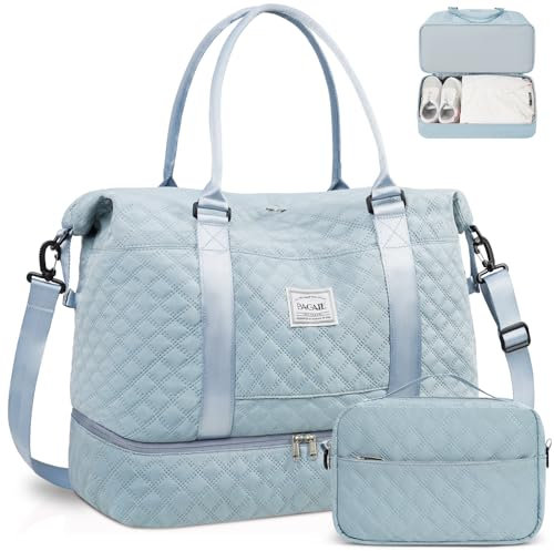 BAGAIL Damen-Reisetasche mit Gepäcktasche und Schultergurt, Sporttasche für Fitnessstudio, Schlaftasche aus Segeltuch mit Nass-Tasche für Make-up, A-Gitter, Hellblau, Extra Large Set, Verbesserte