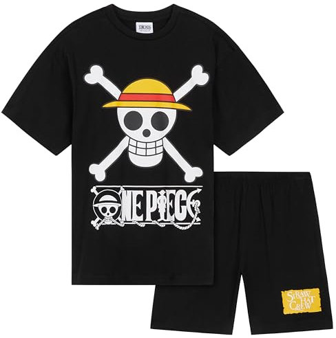 One Piece Pigiama Corto Bambino, Comodo Pigiama Cotone Ragazzo - Anime Regalo (Nero, 9-10 Anni)