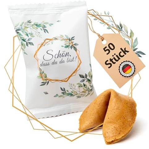 Lucky Treats - Schön, dass du da bist Glückskekse Weiß - 50 Stück - Frisch & Regional - Mit liebevollen Botschaften auf Deutsch und Englisch - Gastgeschenke Hochzeit Deko, Taufe & Kommunion