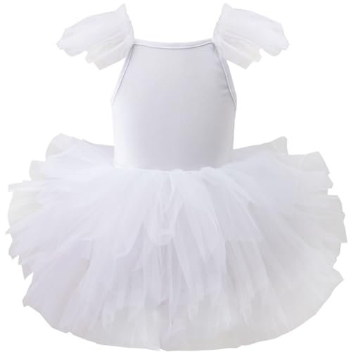 AIEOE Mädchen Ballett Kleider Tutu Turnanzüge Tüll Tanzkleider Kinder Ärmel Rüschen (Schritt Mit Knopf) 4-6 Jahre Weiß B