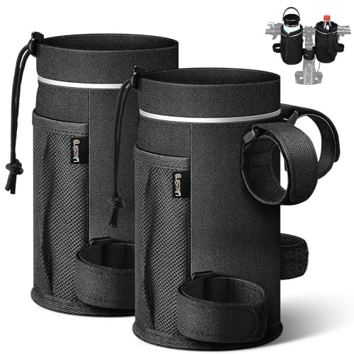 Likesing Bike Water Bottle Holder, Bicycle Cup Holder with Mesh Pocket, Universal Cycling Water Bottle Bag Drink Cup Cage for Scooter Stroller Mountain Bike Road Bike Cart (24oz, Black*2)