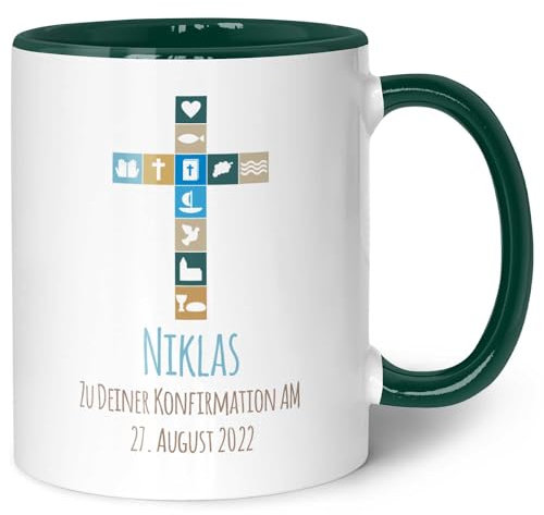 GRAVURZEILE Bedruckte Tasse - Zur Konfirmation V2 - Personalisiert mit Name & Datum - Gastgeschenk zur Kommunion Konfirmation Firmung - Geschenk für Jungen Mädchen - Farbe: Dunkelgrün