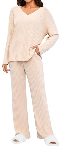 Tuopuda Zweiteiler Damen Lounge Set Rundhals Einfarbig Loungewear Gerippt Shirt Top Langärm mit Hose 2-Teiliges Hausanzug Jogginganzug Sporthose Sleepwear Freizeit Outfit, Beige, L