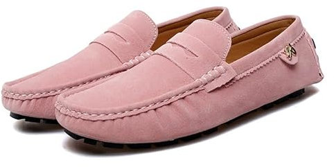 Kanggrei Mocassini Penny da Uomo Punta Tonda Mocassini da Guida in Pelle Scamosciata con Tacco Piatto Leggero Antiscivolo Moda da Passeggio Slip on Mocassini Scarpe(Color:Rosa,Size:42 EU)