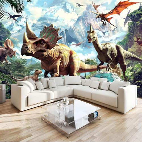 3D Papier Peint Panoramique Tapisserie Intissé Murales Dinosaures Tricératops Ptérosaures 200x140 cm, Papier Peint Enfant pour Salon Chambre Décoration Murale, Papier Peint Chambre Enfant