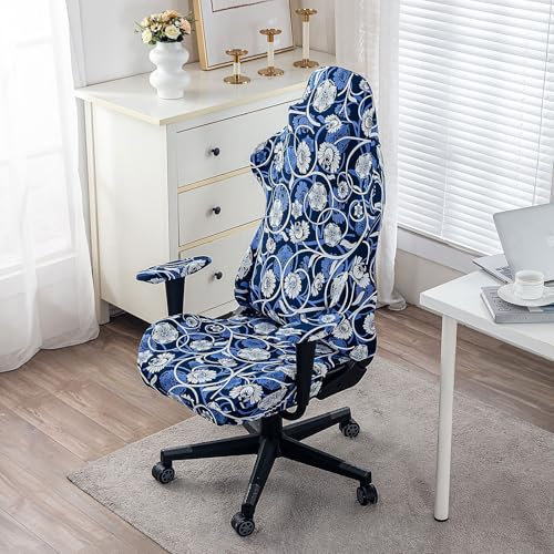 Gaming Chair Cover Soft Spandex Gaming Chair Slipcovers Cat Scratch Proof Printing Arms Attached Washable Seat Cover for Office Chair(blue and white)