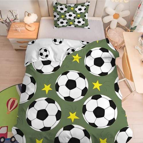 dyausi Bettwäsche 135x200 Sport Thema Fußball - Wende Bettwäsche Cartoon Star Football aus 110g/m² Microfaser - 1 Bettbezug 135 x200 und 1 Kissenbezug 80x80 cm mit Reißverschluss - Grün Weiß