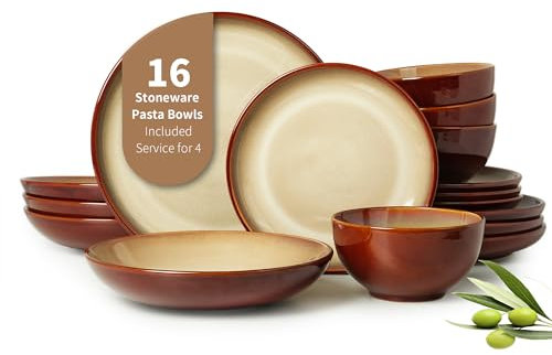 Pokini 16 Piece Double Bowl Plates and Bowls Sets, Ceramic Dinnerware Sets with Pasta Bowls, Dishwasher & Microwave Safe Dish Set, Scratch Resistant Stoneware Plate Set, Service for 4 Brown Yellow