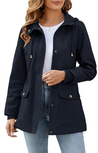Tuopuda Veste Printemps Femme Parka Mi Saison Multi-Poches à Manches Longues Saharienne Manteaux à Capuche Fermeture Éclair Vêtement d'extérieur Coupe-Vent Idee Cadeau, Marine, XL