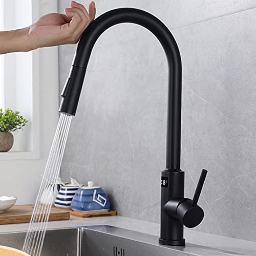 GVBJIUAXJM Touch-on-Küchenarmatur, Küchenarmatur mit ausziehbarer Brause, Smart Sensor Küchenarmatur aus Edelstahl, Küchenspülenarmatur mit Temperaturanzeige, 360° Küchenmischbatterie,B