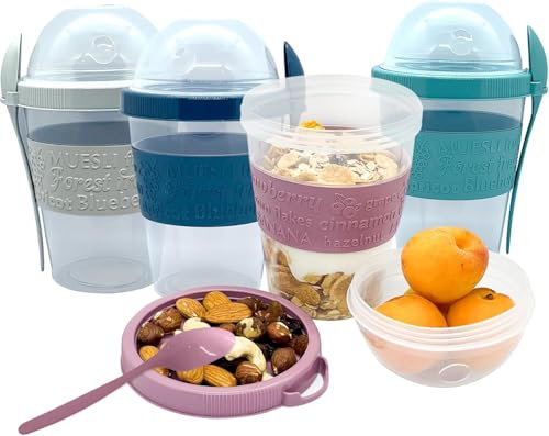 Joghurtbecher To Go 600ml 4er Set – Müslibecher To Go mit Löffel Müsli To Go Becher mit Deckel für Joghurt Müsli Essen im Unterwegs Büro Schule (4)
