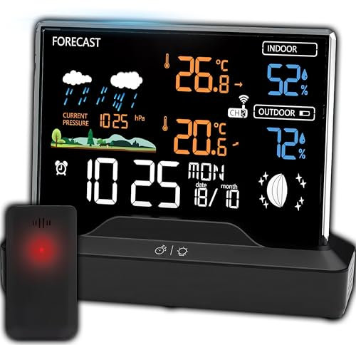 Retoo Stazione Meteo Wireless con Sensore Esterno, Termometro Igrometro Barometro, Display LCD, Previsioni, Fasi Lunari, Orologio Radiocontrollato, Sveglia, Nero