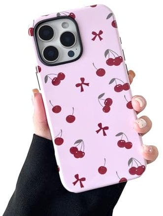 DEFBSC Case for iPhone 16 Pro, Cute Pink Bow Cherry Print Aesthetic Trendy Pattern for Women Girls Slim Durable Bumper Shockproof Hybrid Hard Back Phone Cover, Red Bow/Glossy