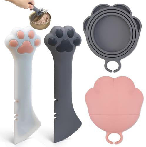 TYBYBB 2 Stück Katzenfutter Löffel mit Dosendeckel Katzenfutter Silikon, Niedliche Pfotenform für Katzenlöffel, Katzenpfoten Dosenöffner für Haustiere Katzen Hund Tiernassfutter Futterdose