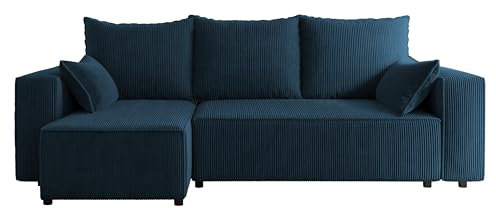 4ALL HOME Ecksofa mit Schlaffunktion Tobi 246x145 cm - Couch - Sofa mit Bettkasten - Eckcouch - L-Form - Schlaffsofa - Schlafsofa mit Bettkasten - Universal (Cord Poso 05 Cobalt)