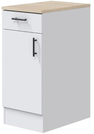 PEGANE Meuble Bas de Cuisine avec Plan de Travail, 1 Porte + 1 tiroir Coloris Blanc Brillant/chêne Canadien - Hauteur 90 x Longueur 40 x Profondeur 60 cm