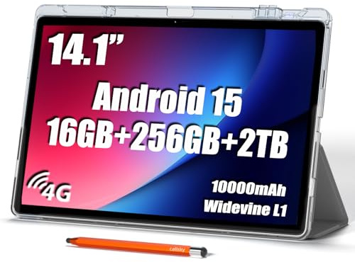 Tablet da 14 pollici con schermo grande, Android Tablet 16 GB RAM 256 GB ROM, 1920 * 1200 IPS FHD display, Widevine L1, 10000 mAh 18 W ricarica, Wi-Fi e Bluetooth, 4G LTE, con custodia e stilo