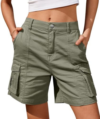 IVIR Kurze Hose Damen Sommer Bermuda Cargo Shorts Hohe Taille Baumwolle mit Elastischem Bund und 6 Taschen