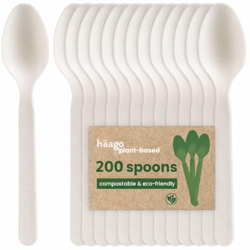 HAAGO 200 Spoons Cutlery Set, White (16cm / 6) – Eco-Friendly, Biodegradable & Compostable – Reusable, Heavy-Duty, 100% Natural Utensils for Hot & Cold Food – Plant-Based, BPA-Free & Dishwasher Safe