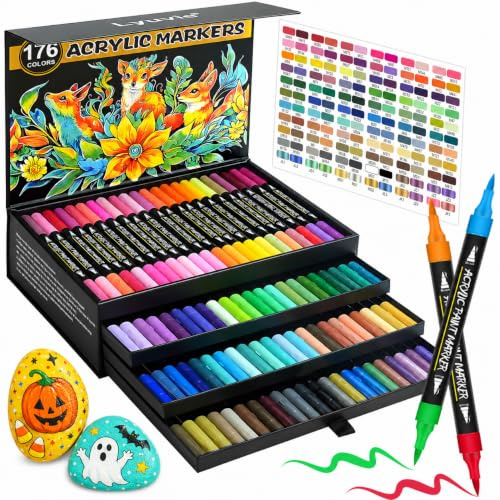Lyuvie 176 Farben Acrylstifte für Steine Wasserfest,88 Stück Multimarker Acrylic Paint Marker,Brush Acrylmarker Pinselspitze für Steine zum Bemalen Holz Glas Papier