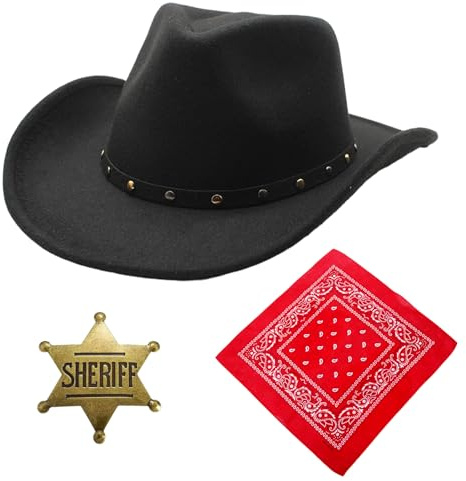 Raveparty Cowgirl Kostüm Damen, Cowboy Kostüm Herren, mit Halstuch Cowgril Hut Zubehör Accessoires Cowboyhut für Karneval Fasching Cosplay