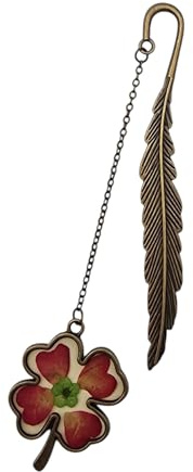 Vintage Lesezeichen Metall Feder (Bronze-Optik) mit Kette und Glücksklee Anhänger | Echte getrocknete rote Blume in Harz | Geschenk für Frauen, Damen, Leseratten & Bücherwürmer in Geschenkbox
