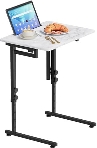 Garden 4 you C-Shaped Folding TV Tray Table - Adjustable White Marble End Table, No Assembly Slide Under Couch Side Table for Eating, Recliner, Living Room & Bedroom(White Marble)