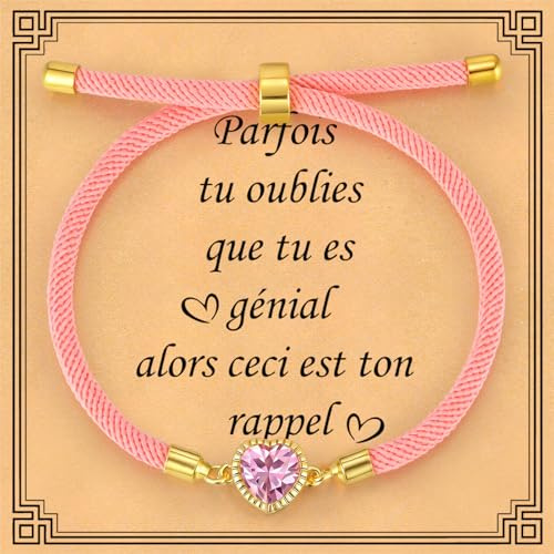 Cadeau Femme Bracelet Coeur Zircon - Bracelet Femme en Cordon Tressé Coeur d'Amour Plaqué Or 14K Zircone Cubique Bracelets Amitié Réglable Cadeaux Anniversaires Saint-Valentine Noël Graduation Fêtes