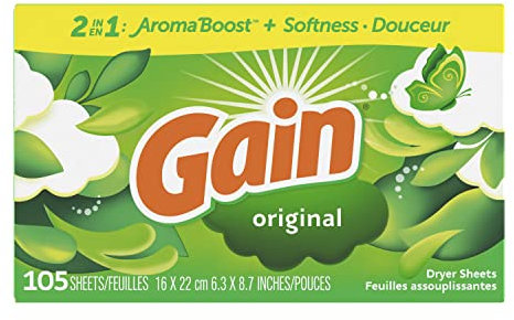 Gain Sábanas para secadora, 105 unidades, hojas suavizantes de tela con aroma original con Aromaboost Plus suavidad 2 en 1