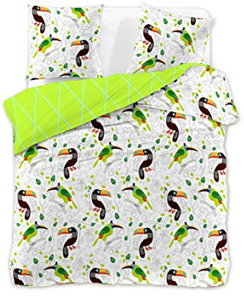 DecoKing Premium 30806 Bettwäsche 200x220 2 Kissenbezüge 70x80 weiß Tukan Kolibri Bettbezüge Renforcé Baumwolle Mako-Satin Baumwollsatin zweiseitig Ducato Collection Toucan hellgrün schwarz orange